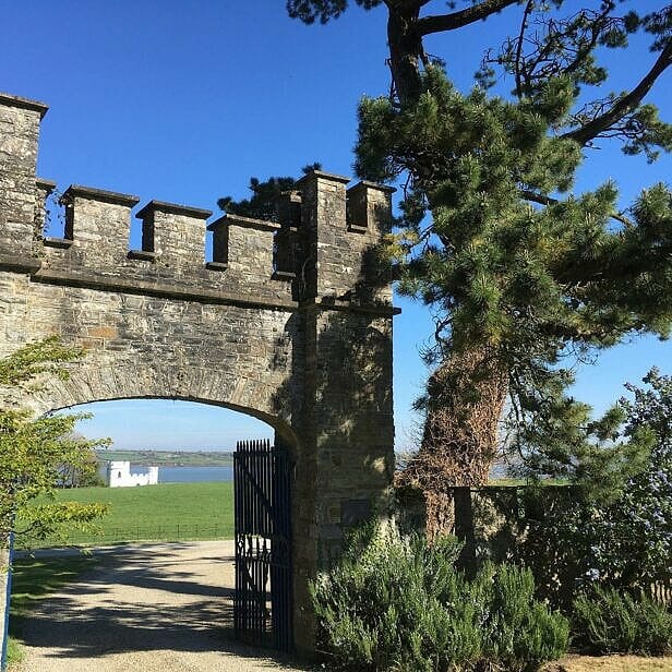: Glin Castle, framed by cedar and pine, with the River Shannon beyond