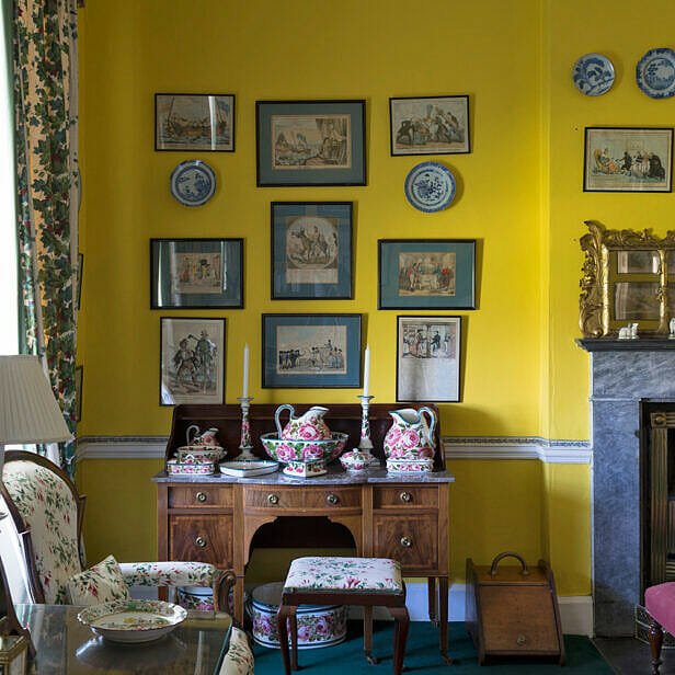 Pictures and blue and white porcelain adorn the walls at Glin Castle